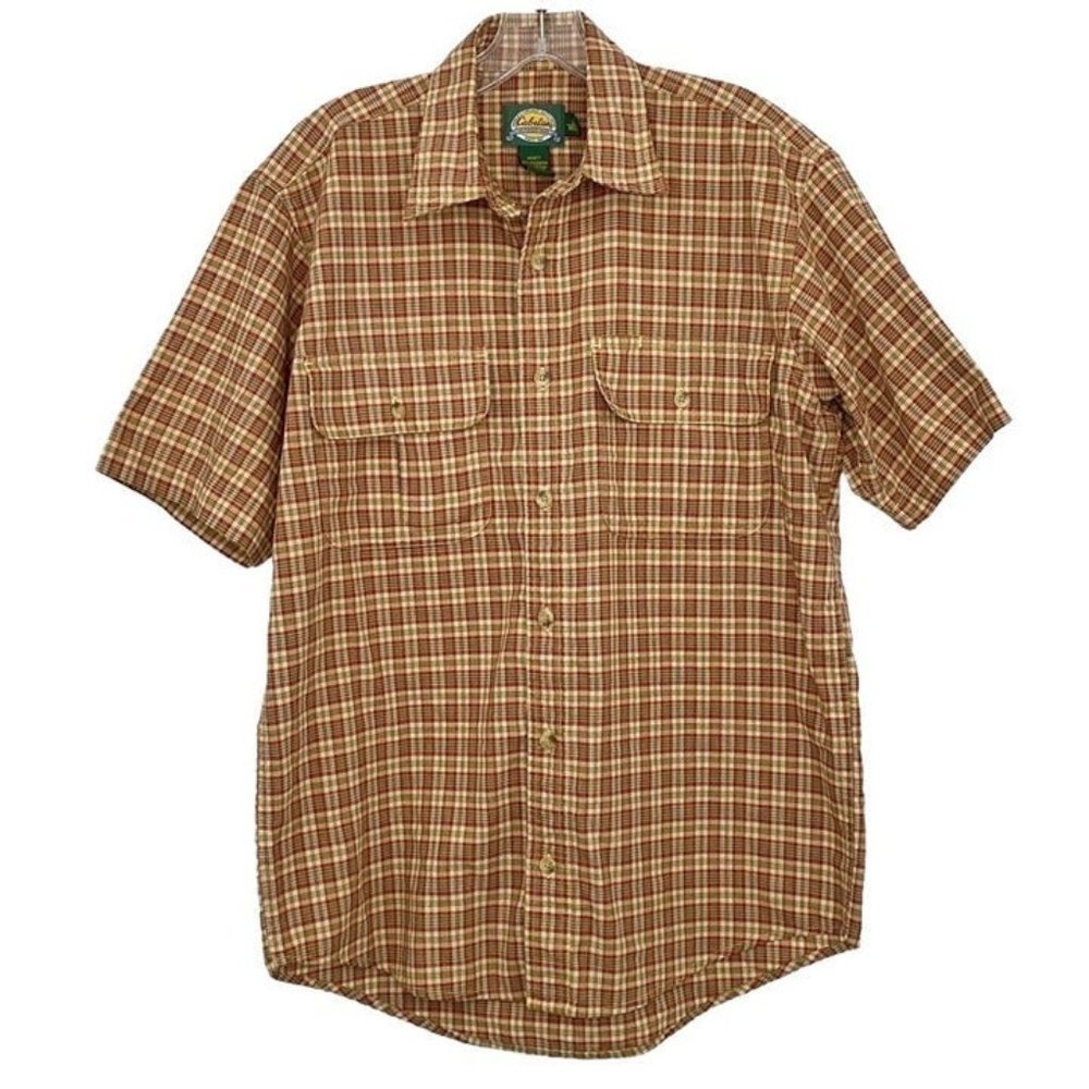 Cabela’s Red/Tan Plaid Button Up Shirt Men’s Casual Short Sleeve Sz S